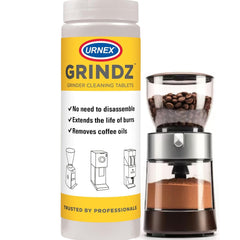 Urnex Grindz front package showing product and benefit of easy maintenance