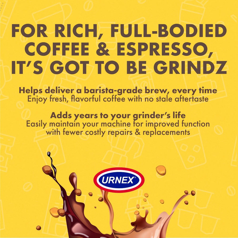 Urnex Grindz packaging label detail showing food-safe and gluten-free claims