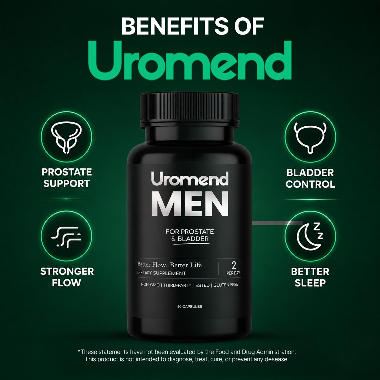 Uromend bottle open with capsules spilling, showing capsule size and convenience