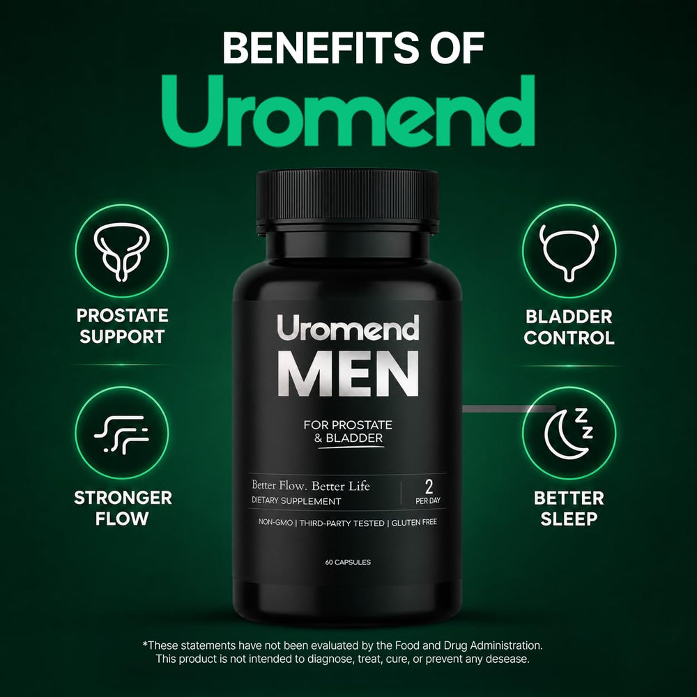 Uromend bottle open with capsules spilling, showing capsule size and convenience