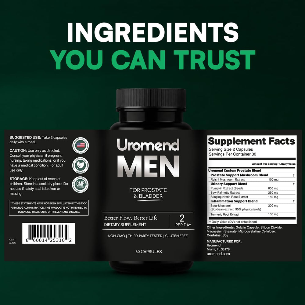 Uromend capsule in hand showing scale and single-dose ease of use for busy men