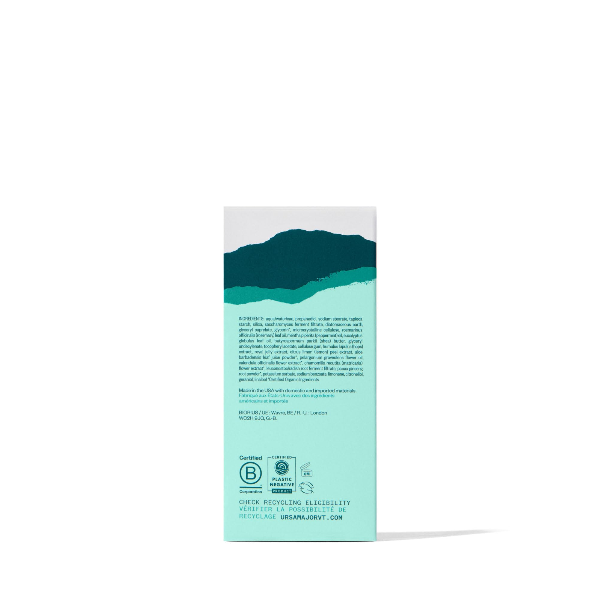 Ursa Major label details closeup showing natural ingredients and cruelty-free badge