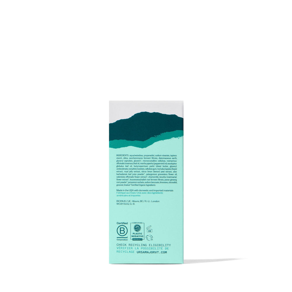 Ursa Major label details closeup showing natural ingredients and cruelty-free badge