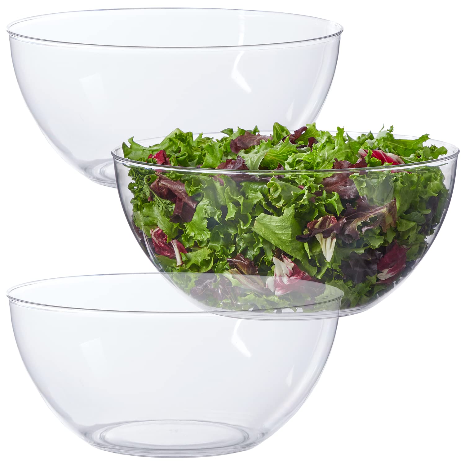 US Acrylic Vista front packaging showing three clear serving bowls and benefit of reusable design