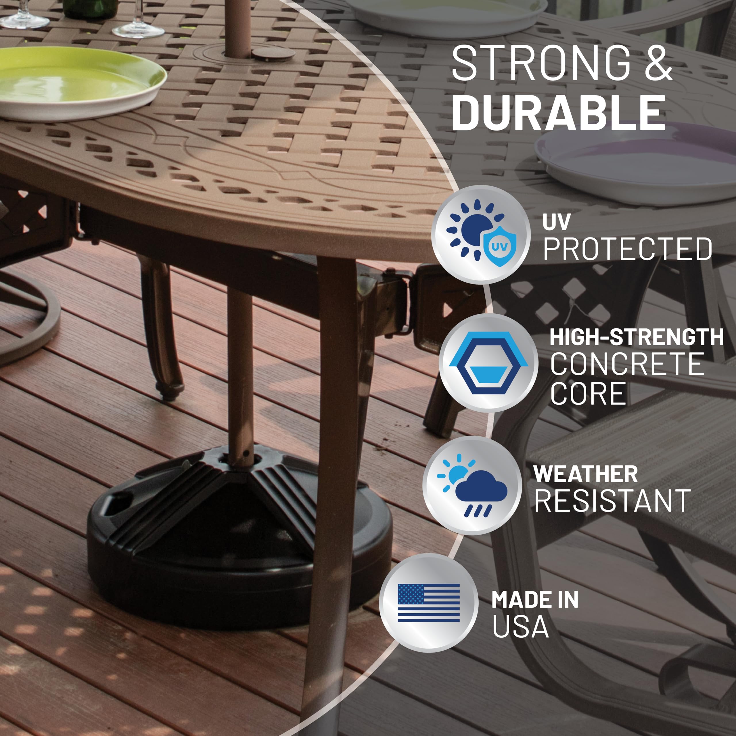 US Weight base installed with a patio table providing stable umbrella support