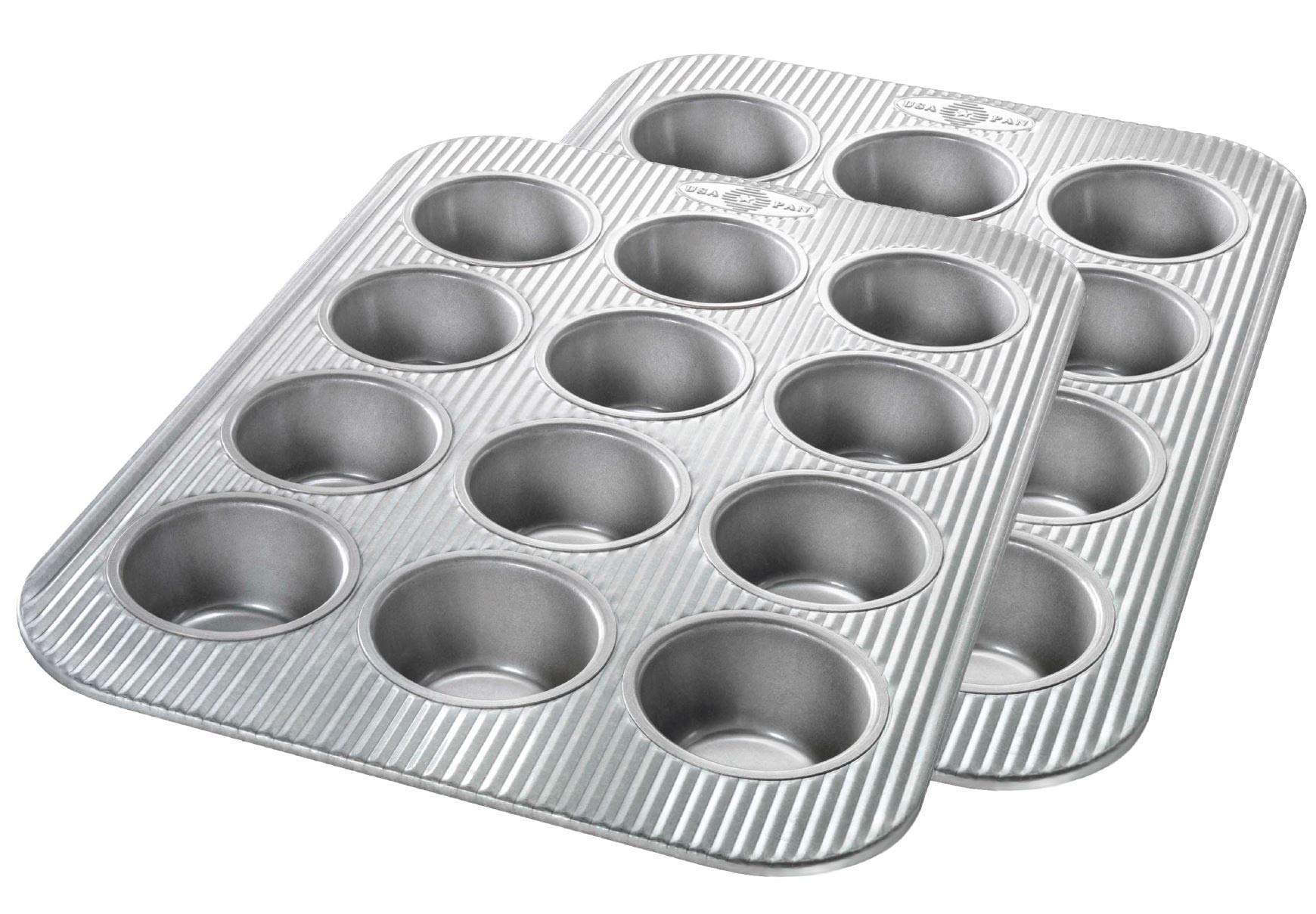 USA Pan front view of 12-cup muffin pan showing full layout and durable finish