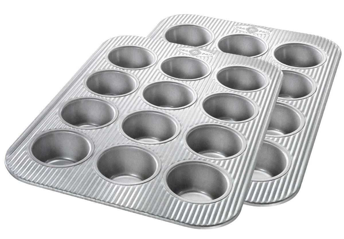 USA Pan front view of 12-cup muffin pan showing full layout and durable finish