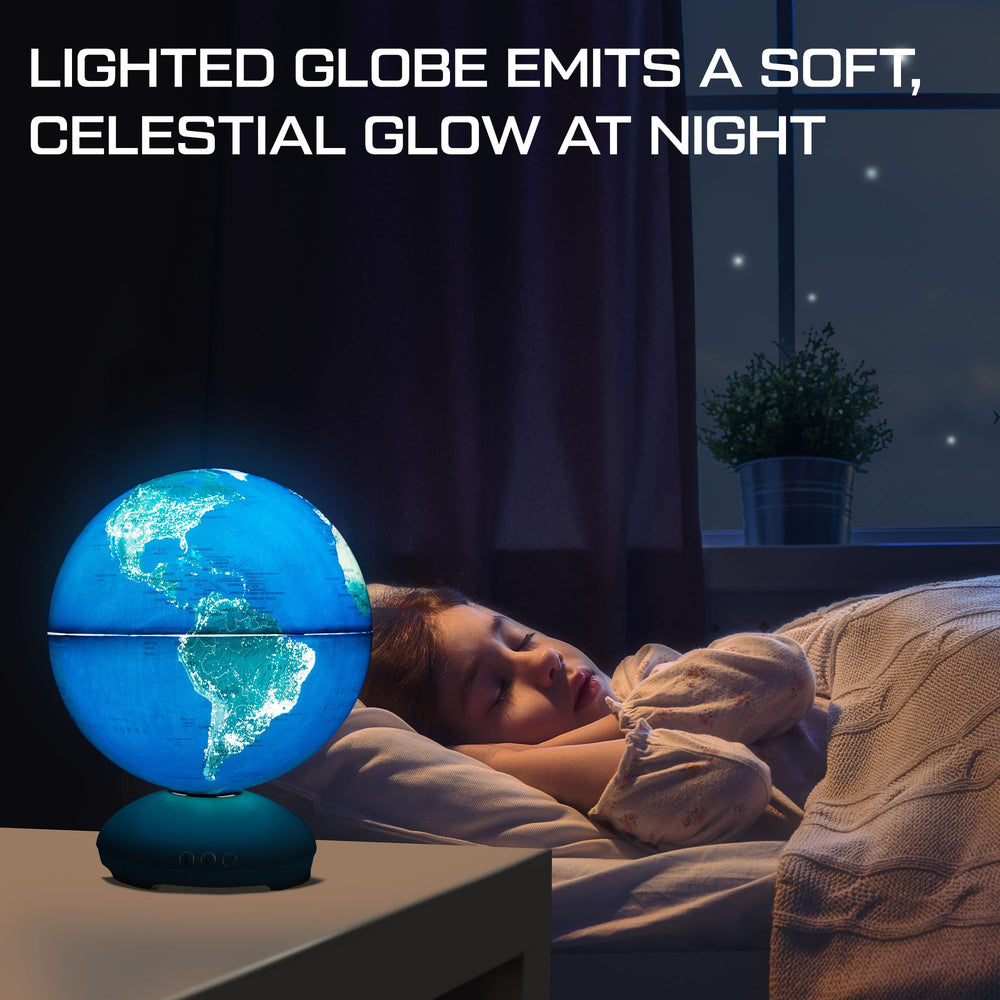 USA Toyz globe beside ruler and book showing 10-inch scale for size clarity