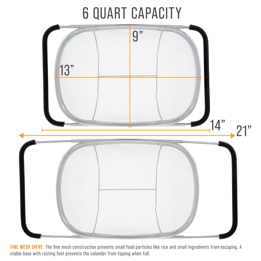 U.S. Kitchen Supply colander with handles extended over sink for secure hands‑free draining