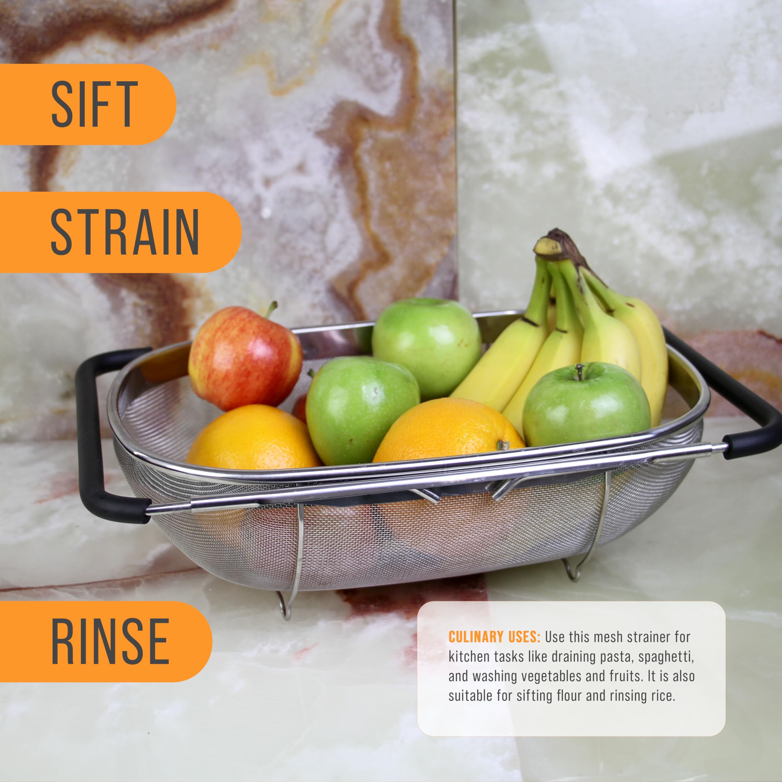 U.S. Kitchen Supply strainer in use draining pasta highlighting mess reduction benefit