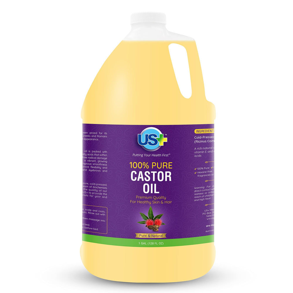 US+ castor oil front label showing pure USP-grade 1 gallon benefits