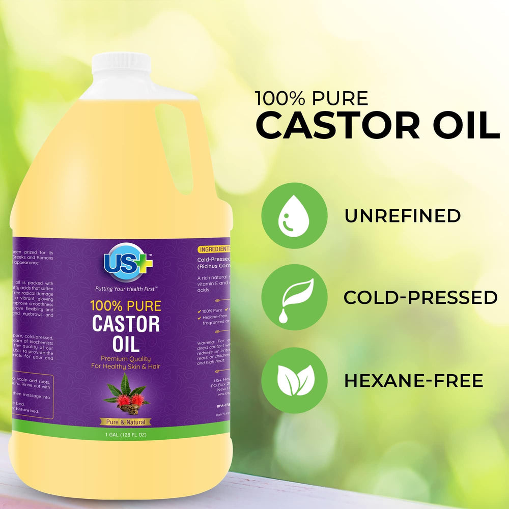 US+ castor oil pouring close-up highlighting smooth texture for blends