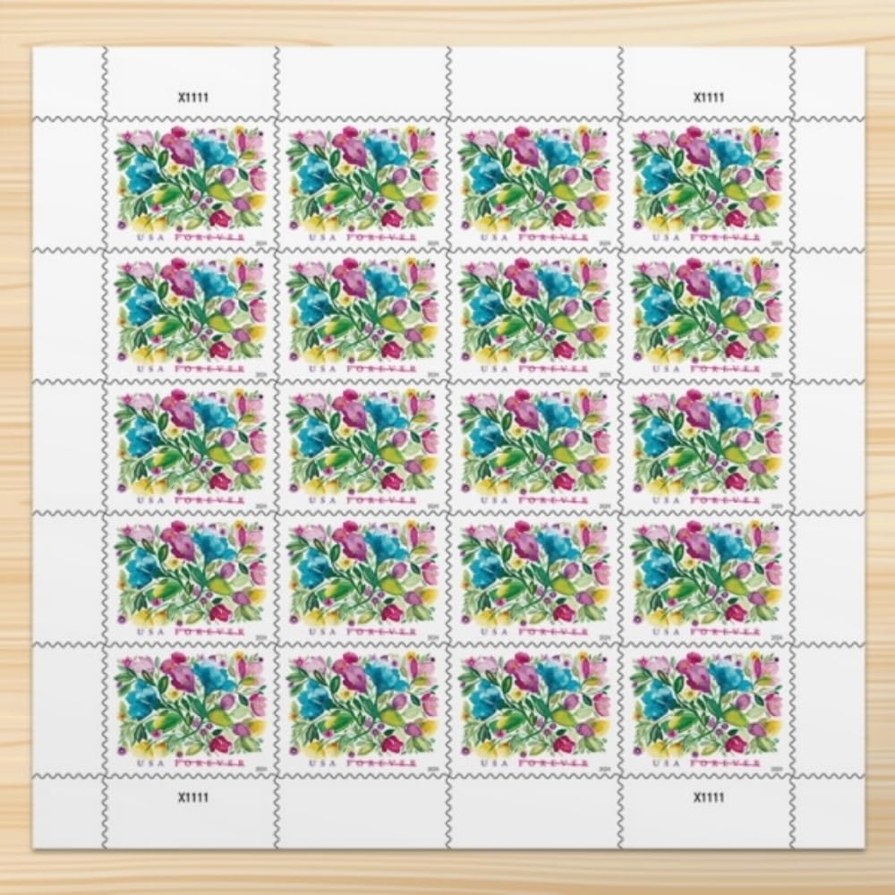 United States Postal Service Celebration Blooms front sheet showing colorful stamp layout and quantity benefit