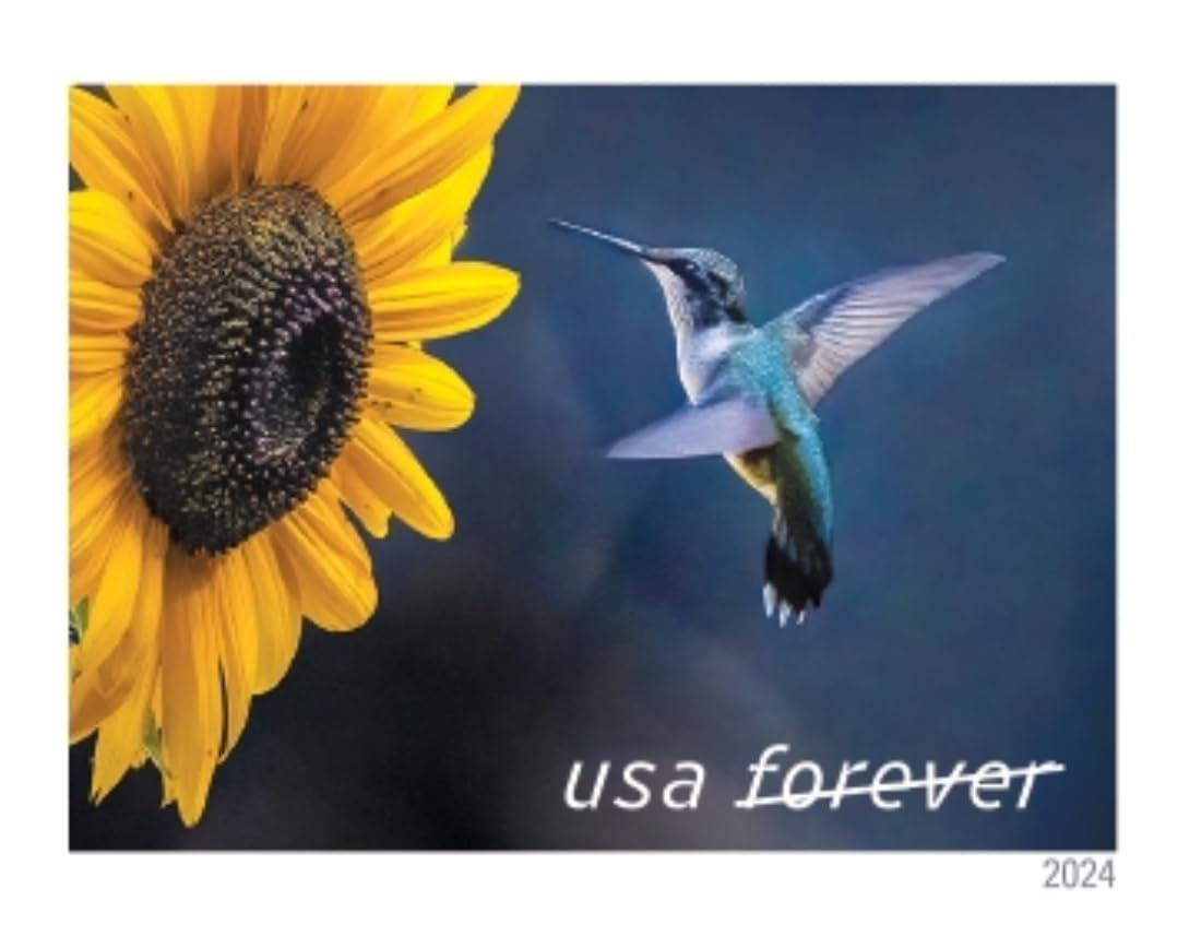 United States Postal Service booklet opened to display all four hummingbird-and-flower stamp designs