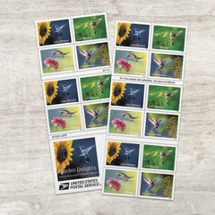 United States Postal Service booklet front cover showing floral hummingbird art and practical postage