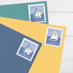 United States Postal Service sailboats close-up of artwork highlighting vibrant colors for standout postcards