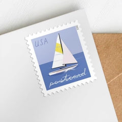 United States Postal Service sailboats lettering close-up showing hand-drawn 'postcard' for authentic handcrafted feel
