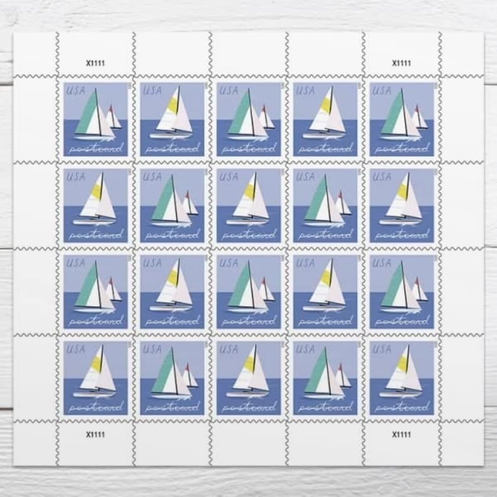 United States Postal Service sailboats sheet front showing both colorful stamp designs and benefit of eye-catching mail