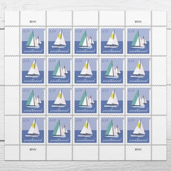 United States Postal Service sailboats sheet front showing both colorful stamp designs and benefit of eye-catching mail