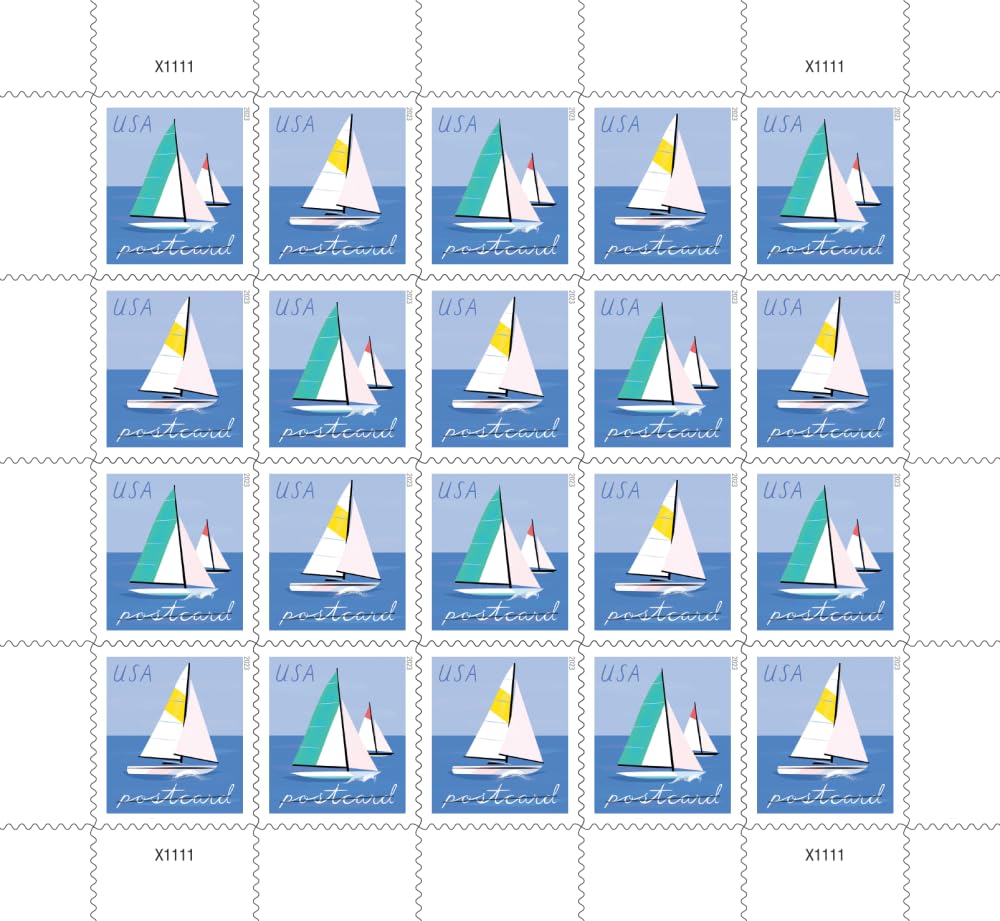 United States Postal Service sailboats stamp on postcard demonstrating correct placement and polished presentation