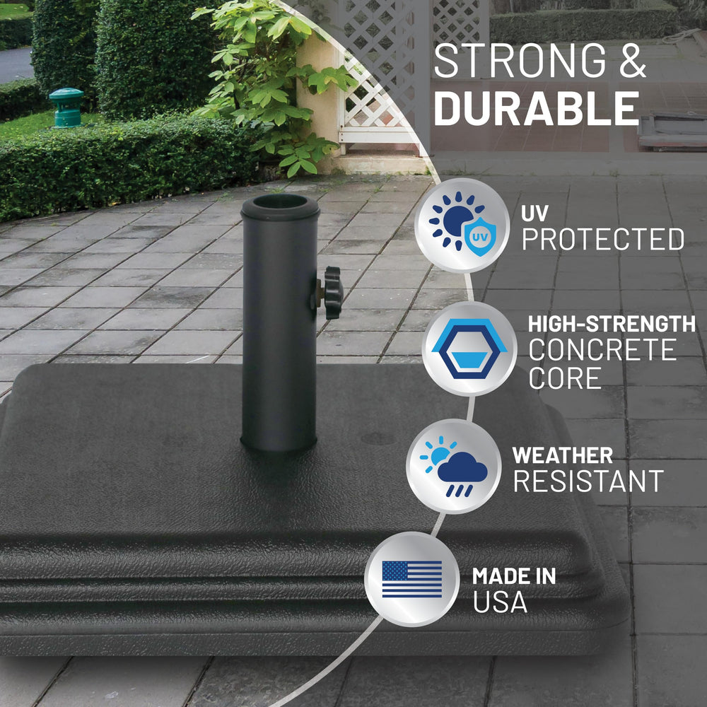 US Weight umbrella base top view showing knob and UV-resistant surface detail