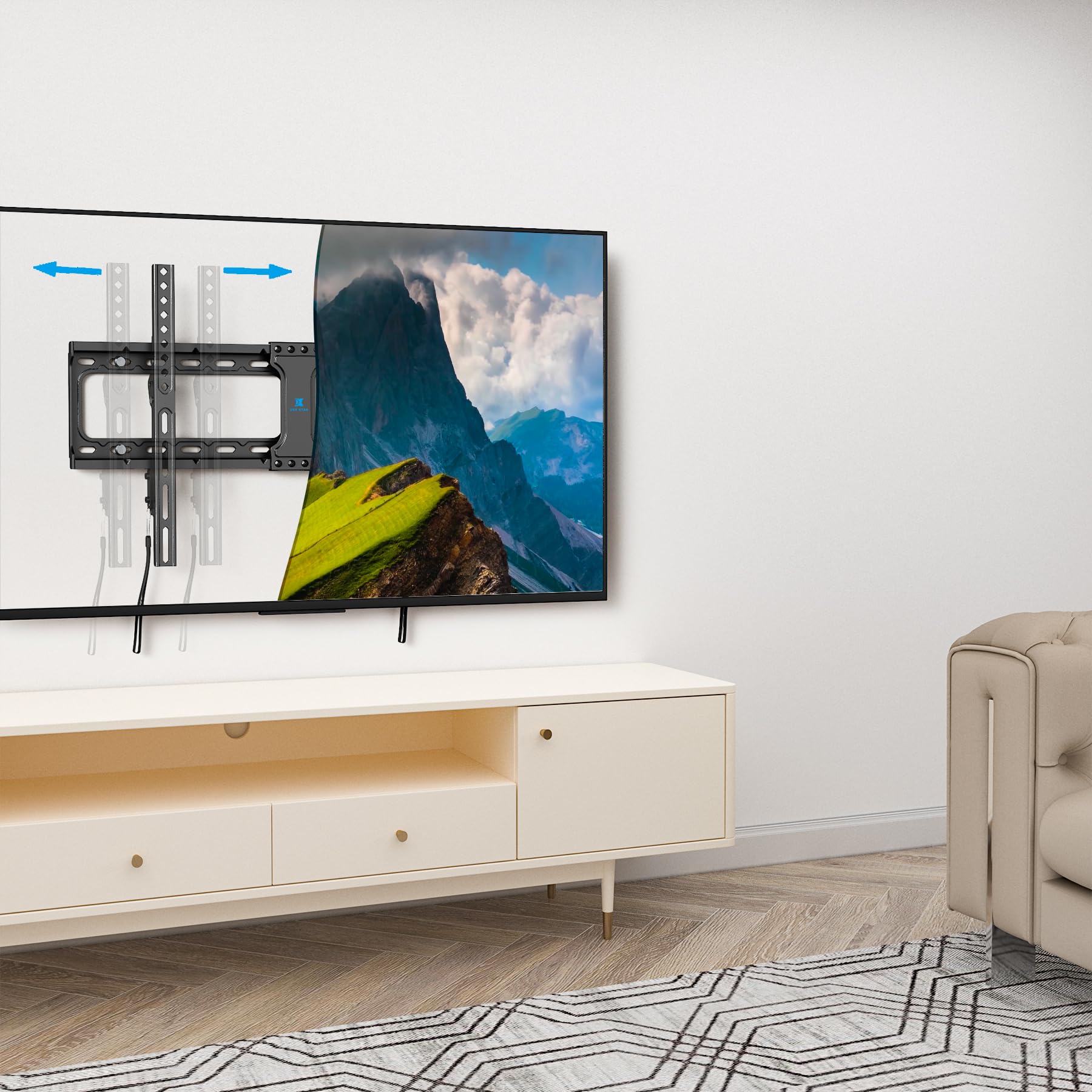 USX STAR mounted TV in living room showcasing tidy, modern aesthetic