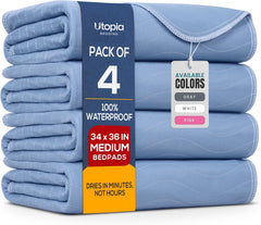 Utopia Bedding front pack view showing 4 reusable waterproof pads protecting mattress