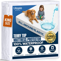 Utopia Bedding front packaging showing king protector and benefits