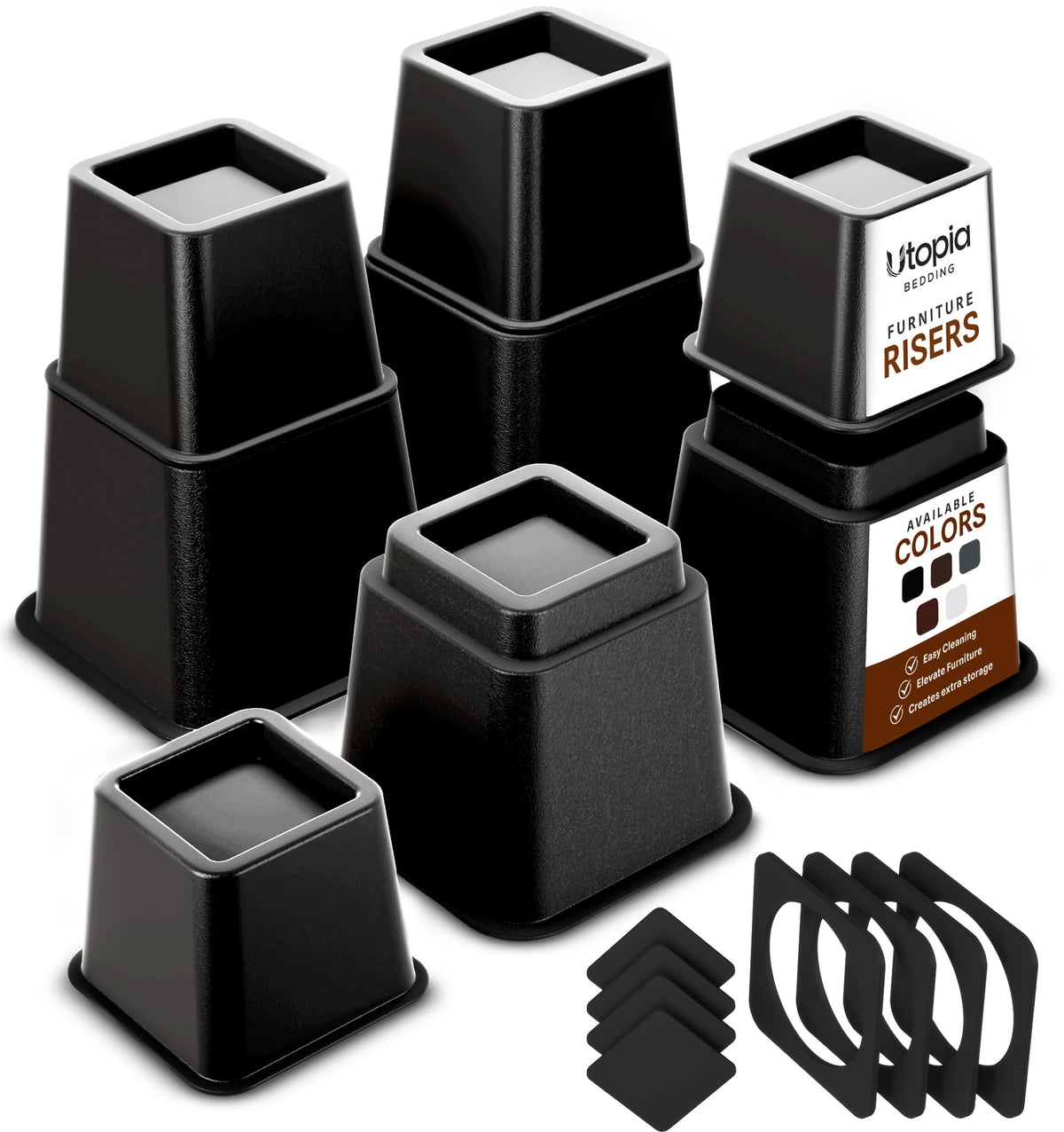Utopia Bedding front packaging showing 4-pack risers and black finish for neat storage