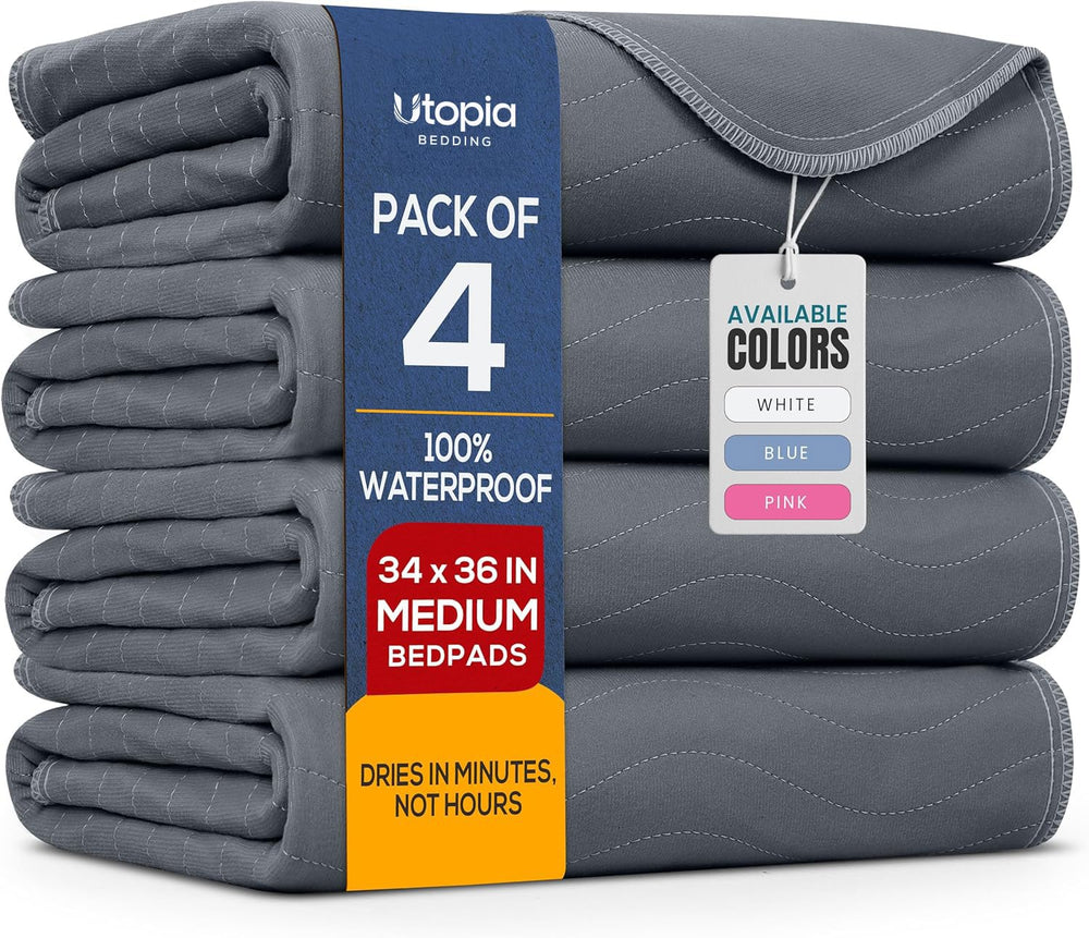Utopia Bedding front packaging showing 4-pack and heavy absorbency benefit