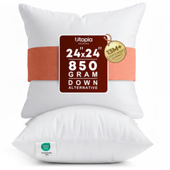 Utopia Bedding front view of two white 24x24 pillow inserts showing full set and benefit of symmetry