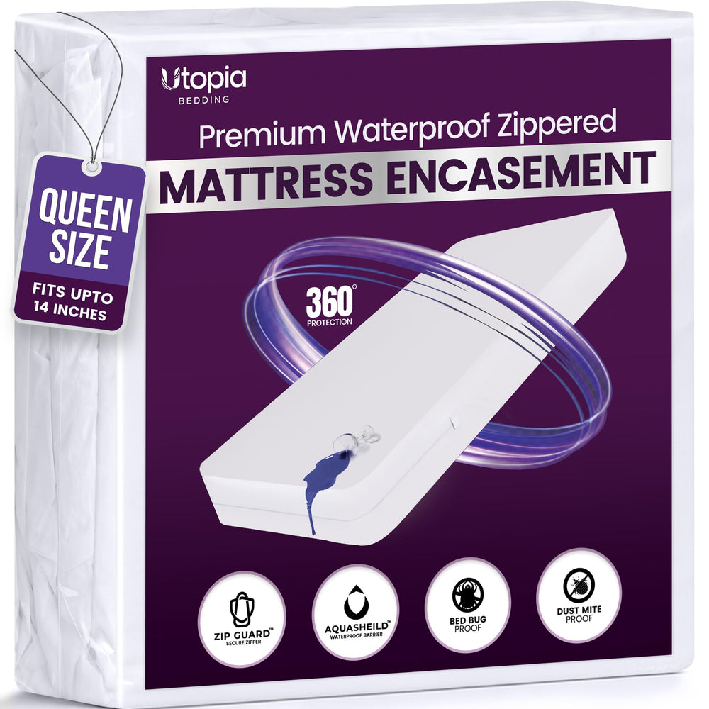 Utopia Bedding front view showing zippered encasement and secure fit for protection