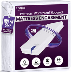 Utopia Bedding front view showing zippered encasement and secure fit for protection