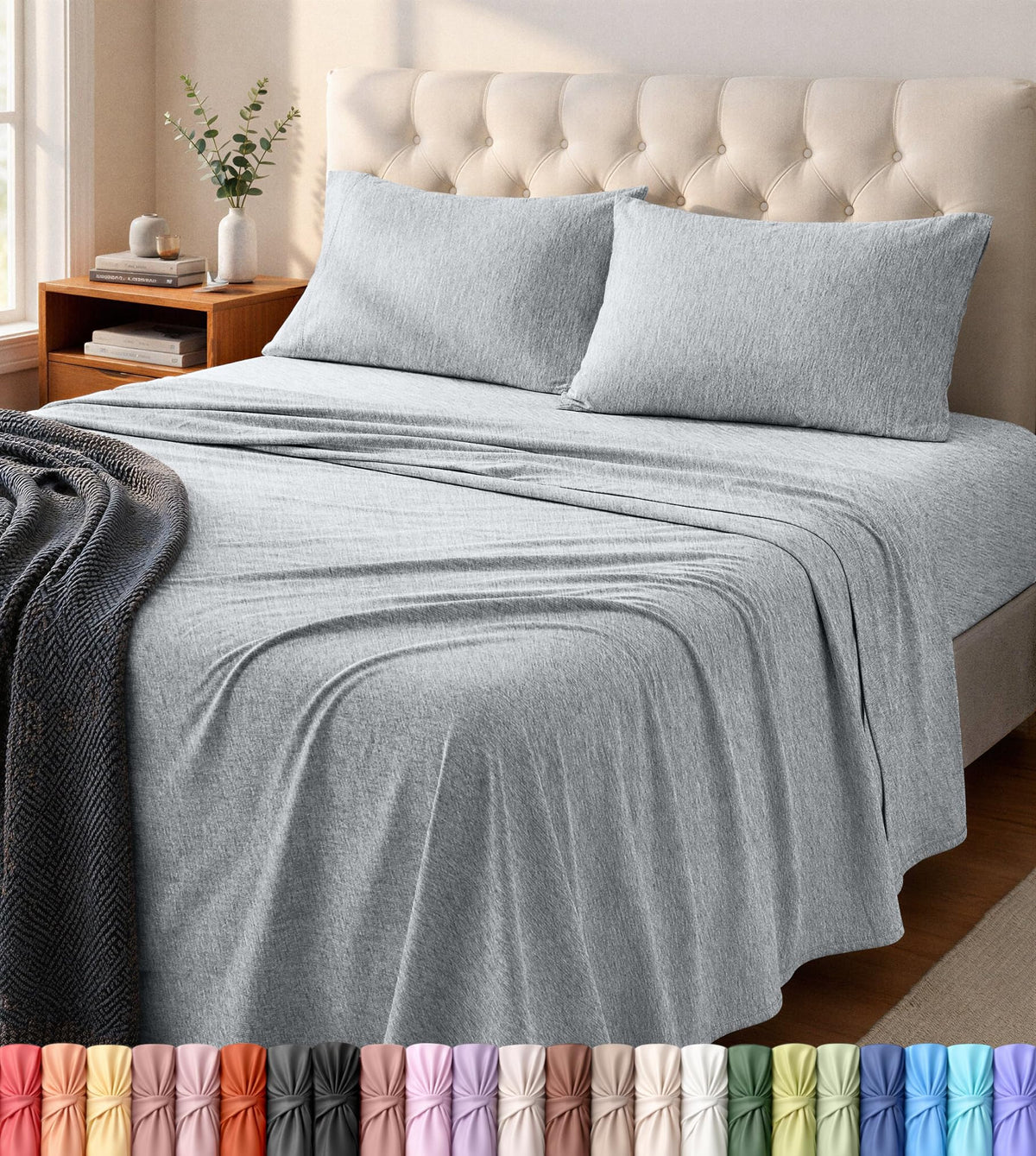 Utopia Bedding front view of queen jersey knit sheets showing cozy drape and inviting look