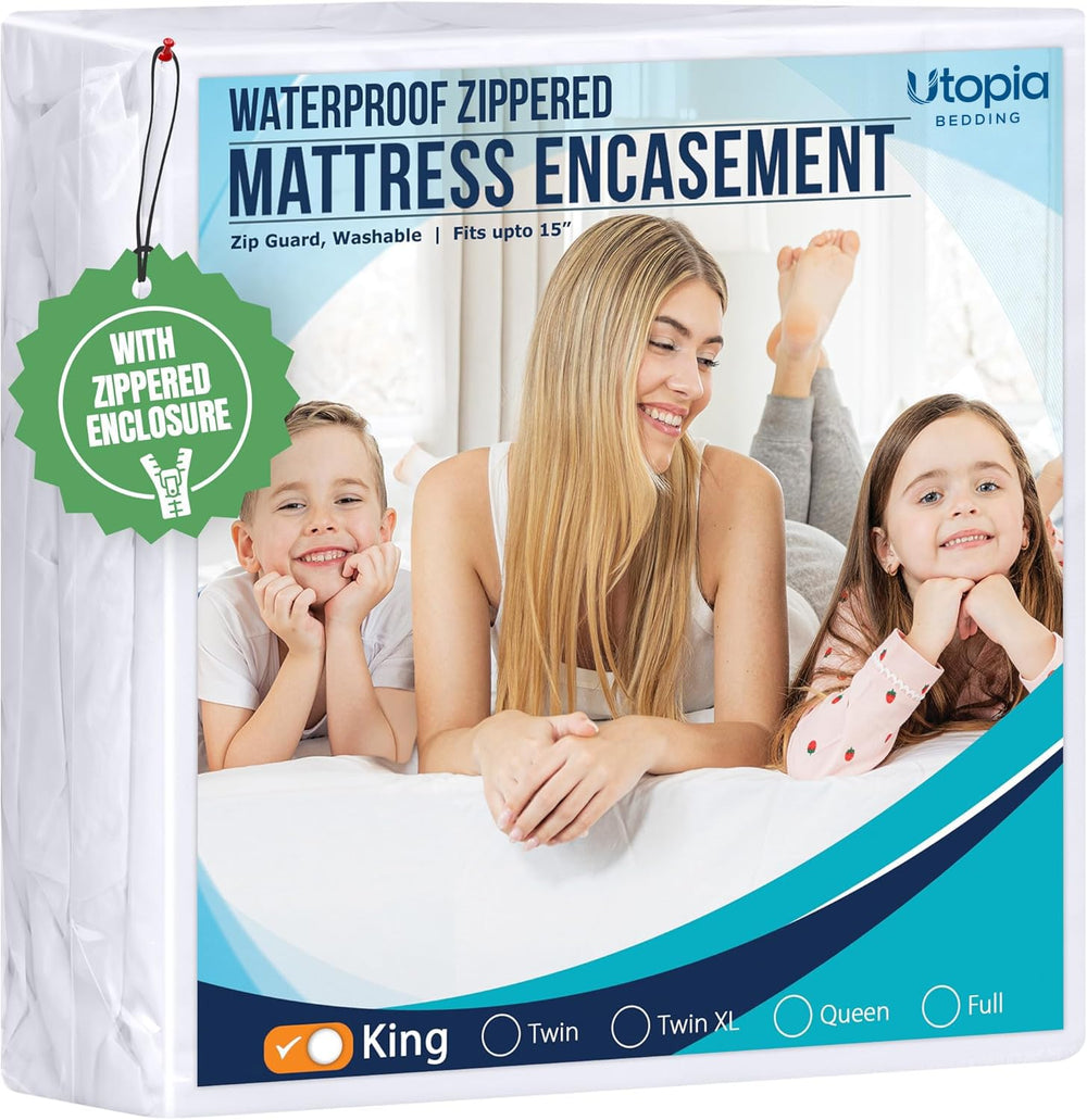Utopia Bedding front view of zippered king encasement showing full coverage benefit