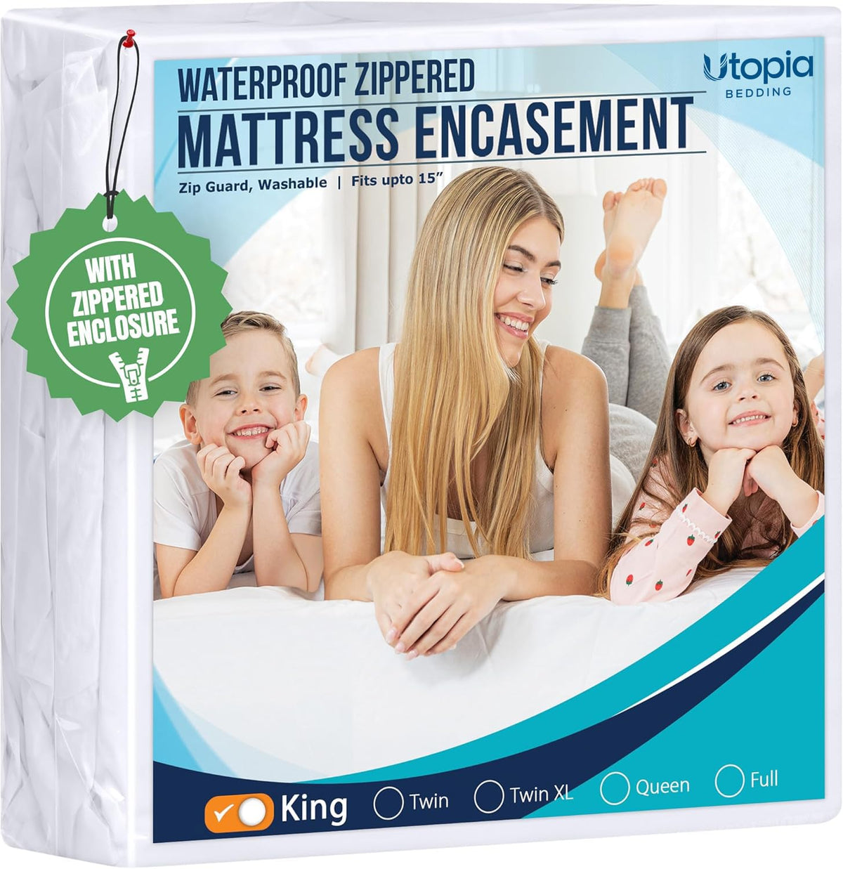 Utopia Bedding front view of zippered king encasement showing full coverage benefit