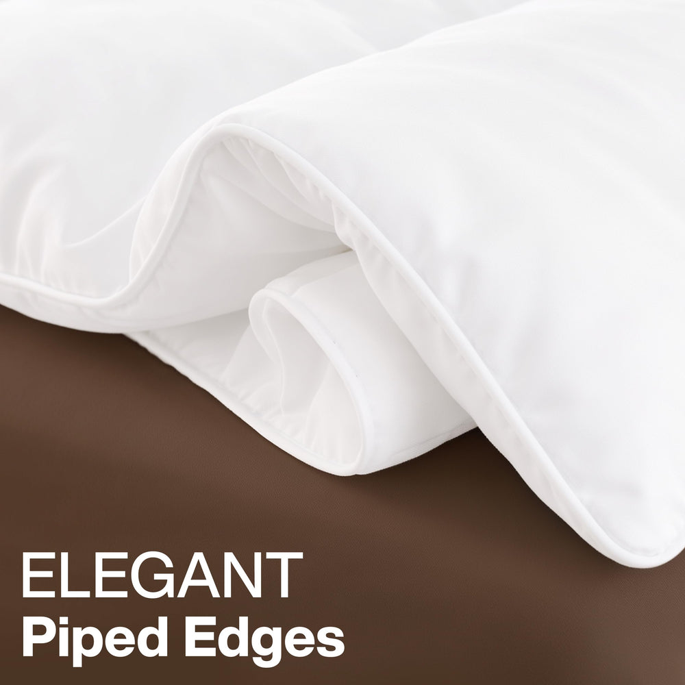Utopia Bedding label and piped edge detail showing durable finish benefit