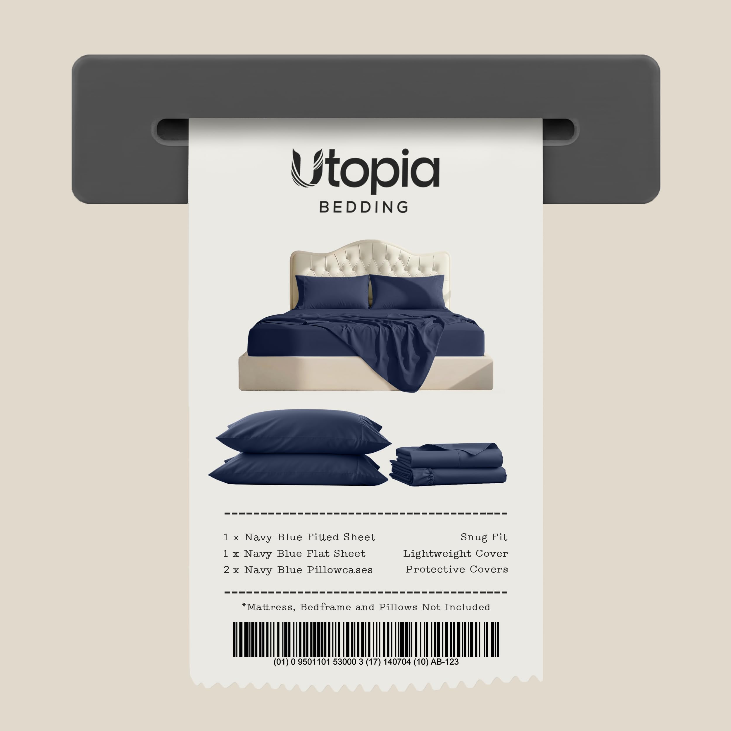 Utopia Bedding fabric tag showing OEKO-TEX certification and safe materials