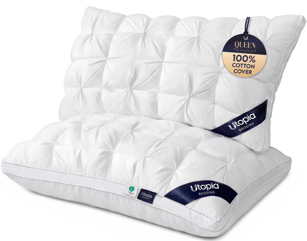 Utopia Bedding front view of pintuck queen pillows showing elegant styling and crisp white finish