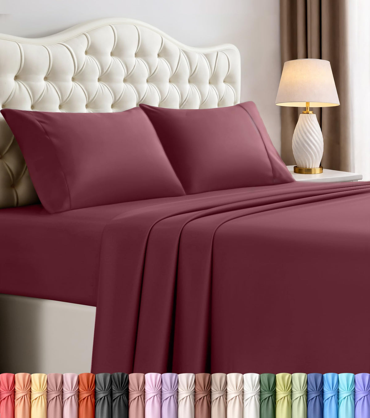 Utopia Bedding queen set front packaging showing burgundy color and value