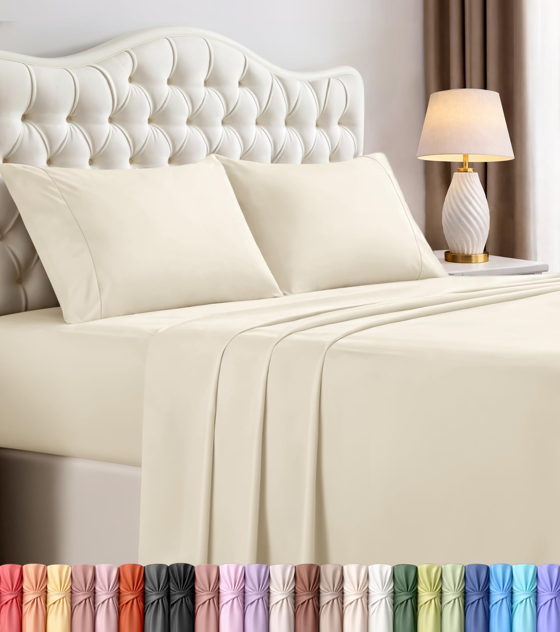 Utopia Bedding front packaging showing ivory queen set and clear contents benefit