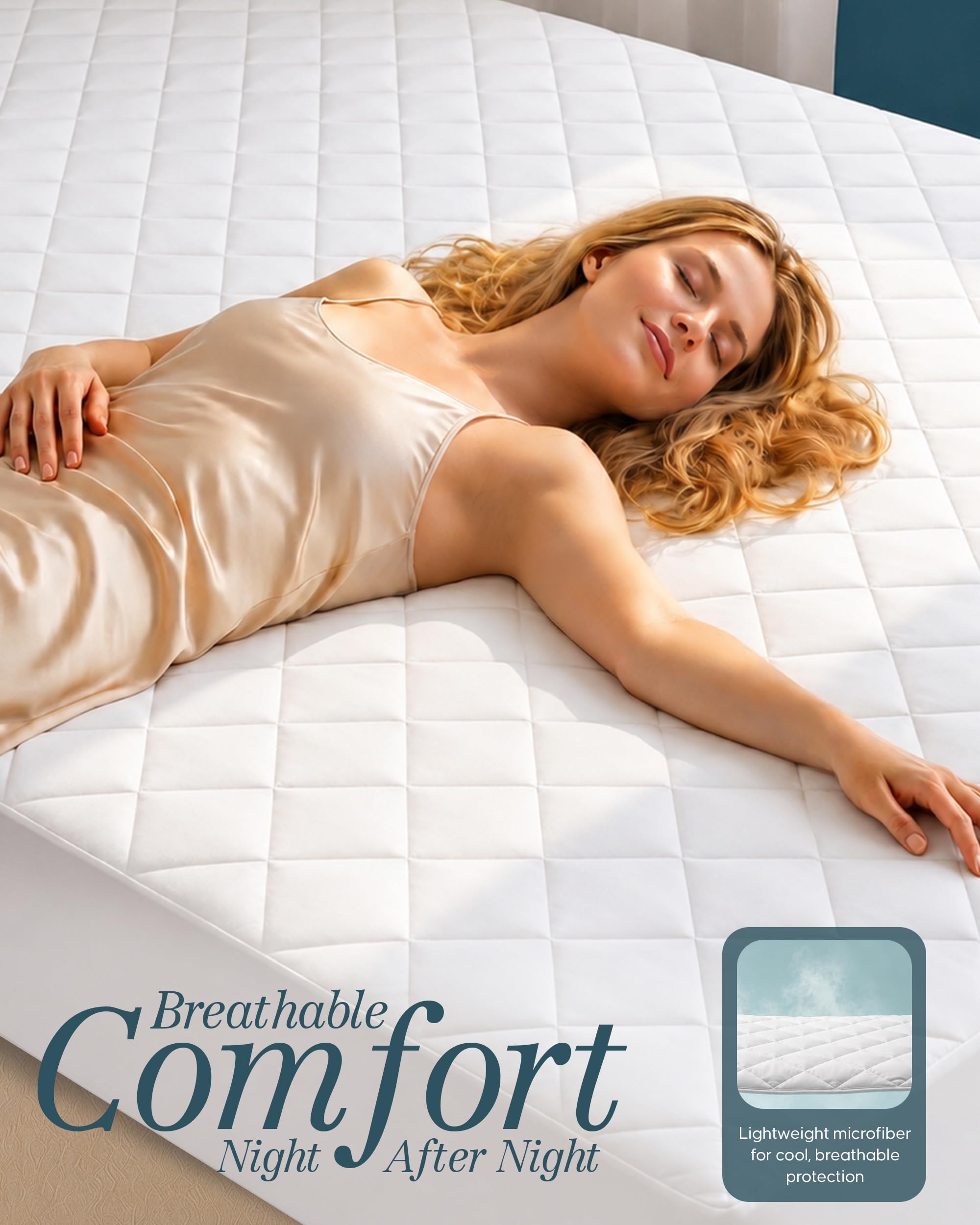 Utopia Bedding pad next to ruler displaying 39 x 80 Twin XL dimensions and depth fit