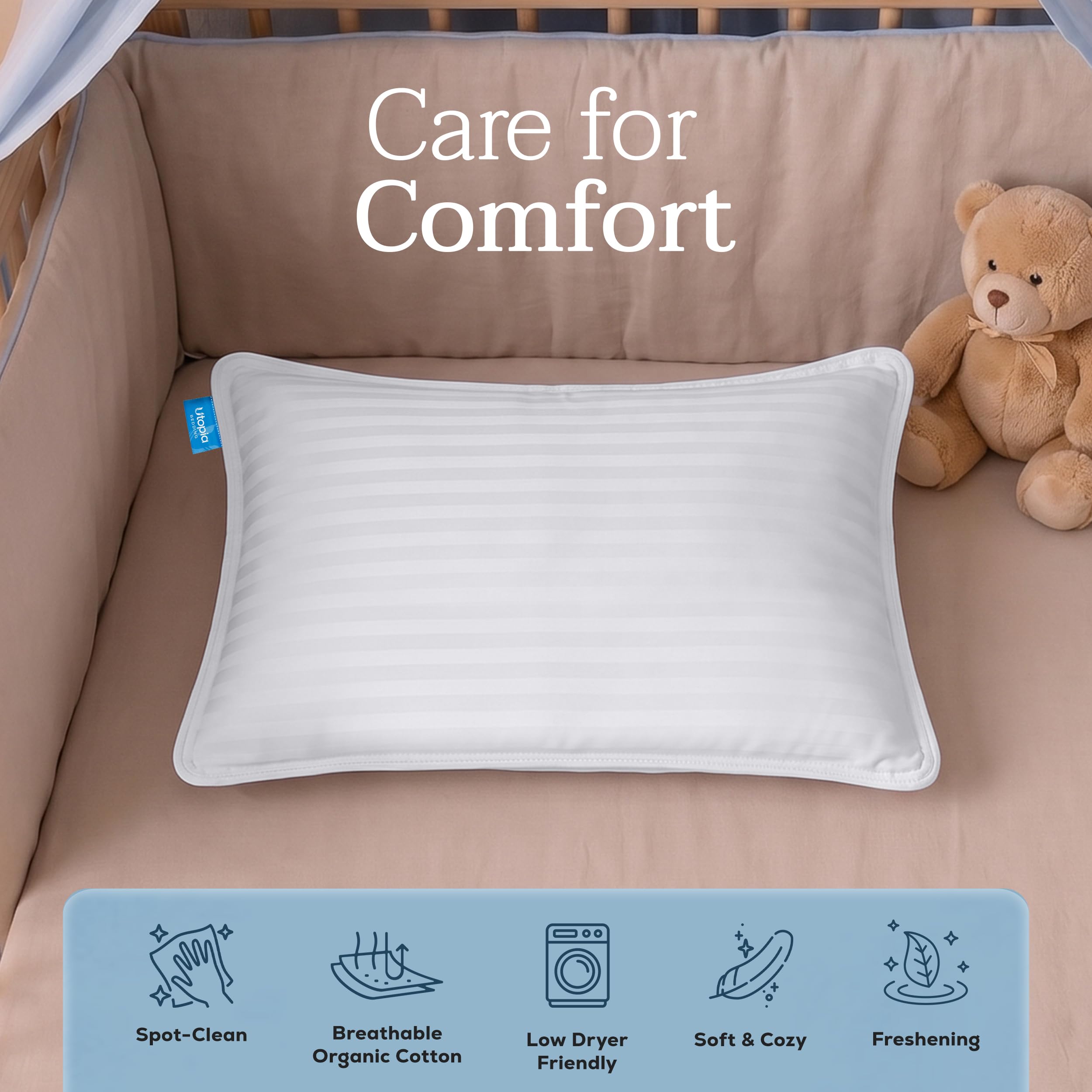 Utopia Bedding toddler pillow on small bed with child-sized bedding showing proper fit benefit safer sleep surface