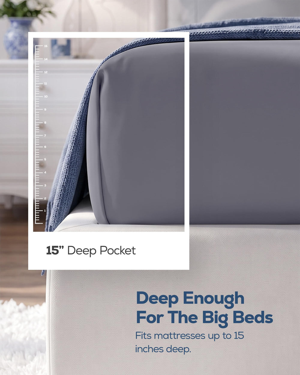 Utopia Bedding close-up of 15-inch deep pocket demonstrating secure fit over thick mattress