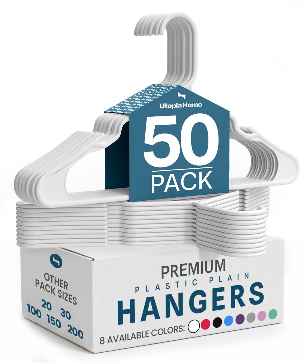 Utopia Home 50-pack front packaging showing quantity and white hangers for organized closets