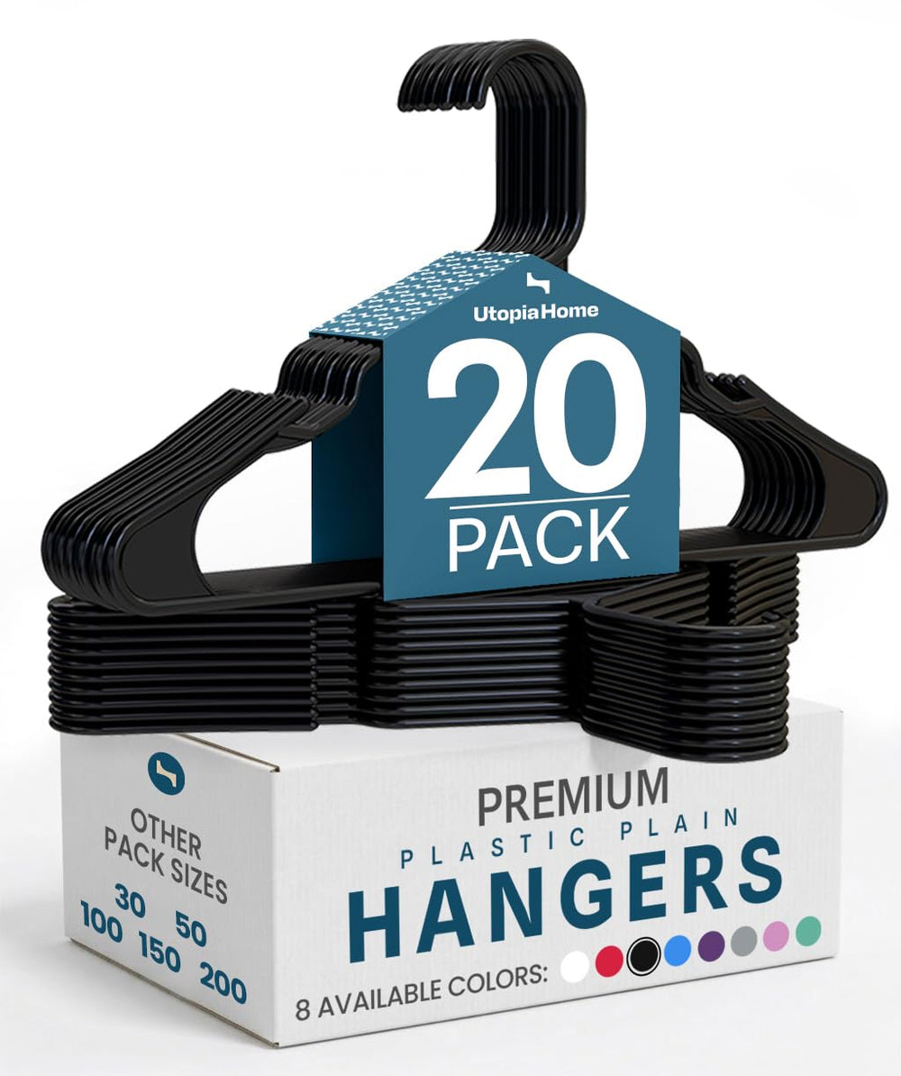 Utopia Home front view of 20-pack black hangers showing neat packaging and value