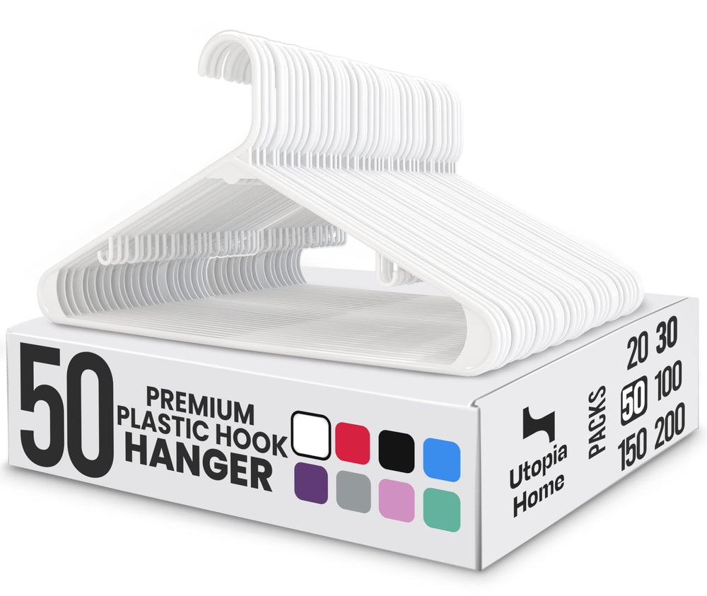 Utopia Home front packaging showing 50 white hangers and value pack