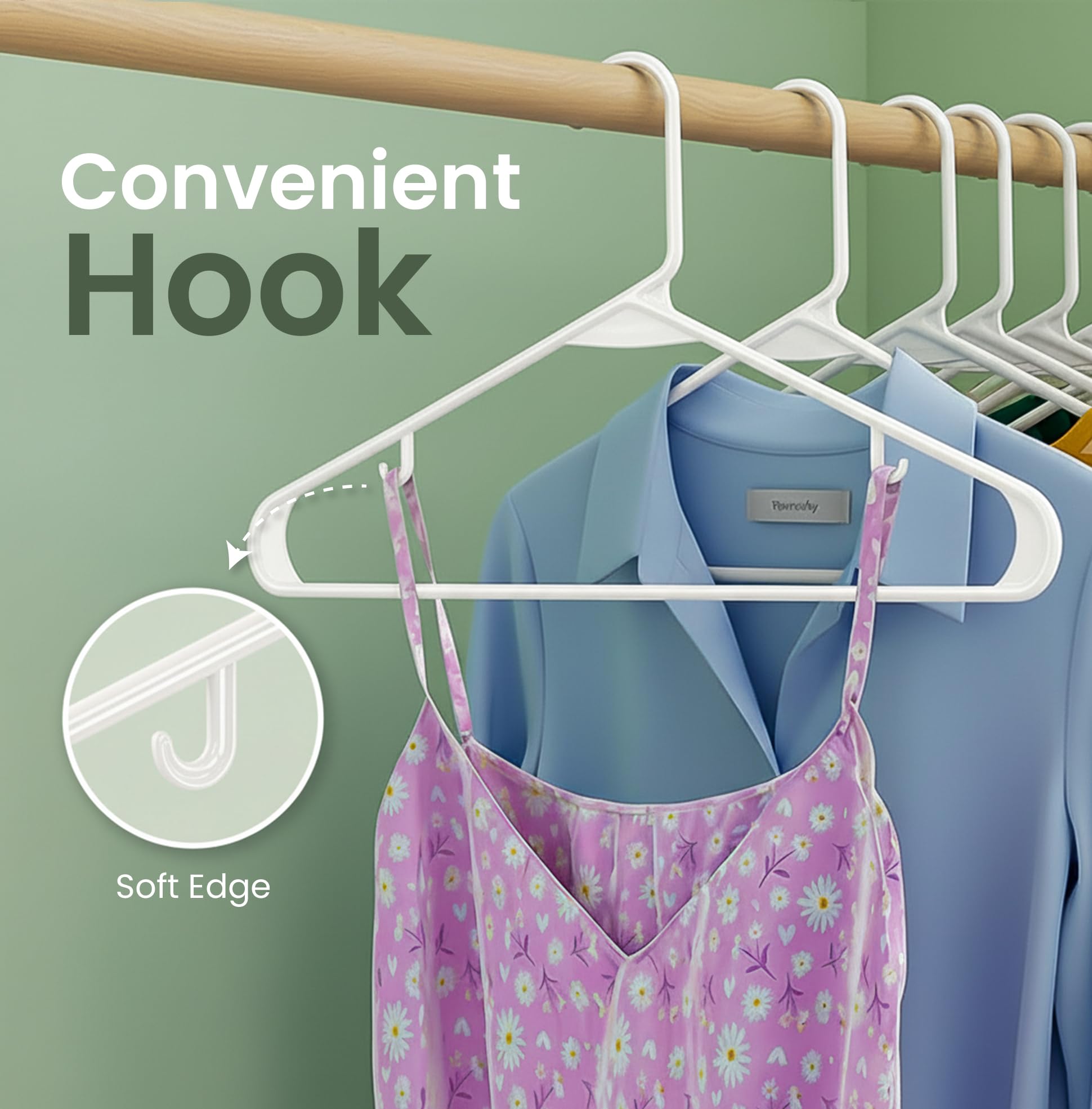 Utopia Home hangers with clothes showing size and support benefits