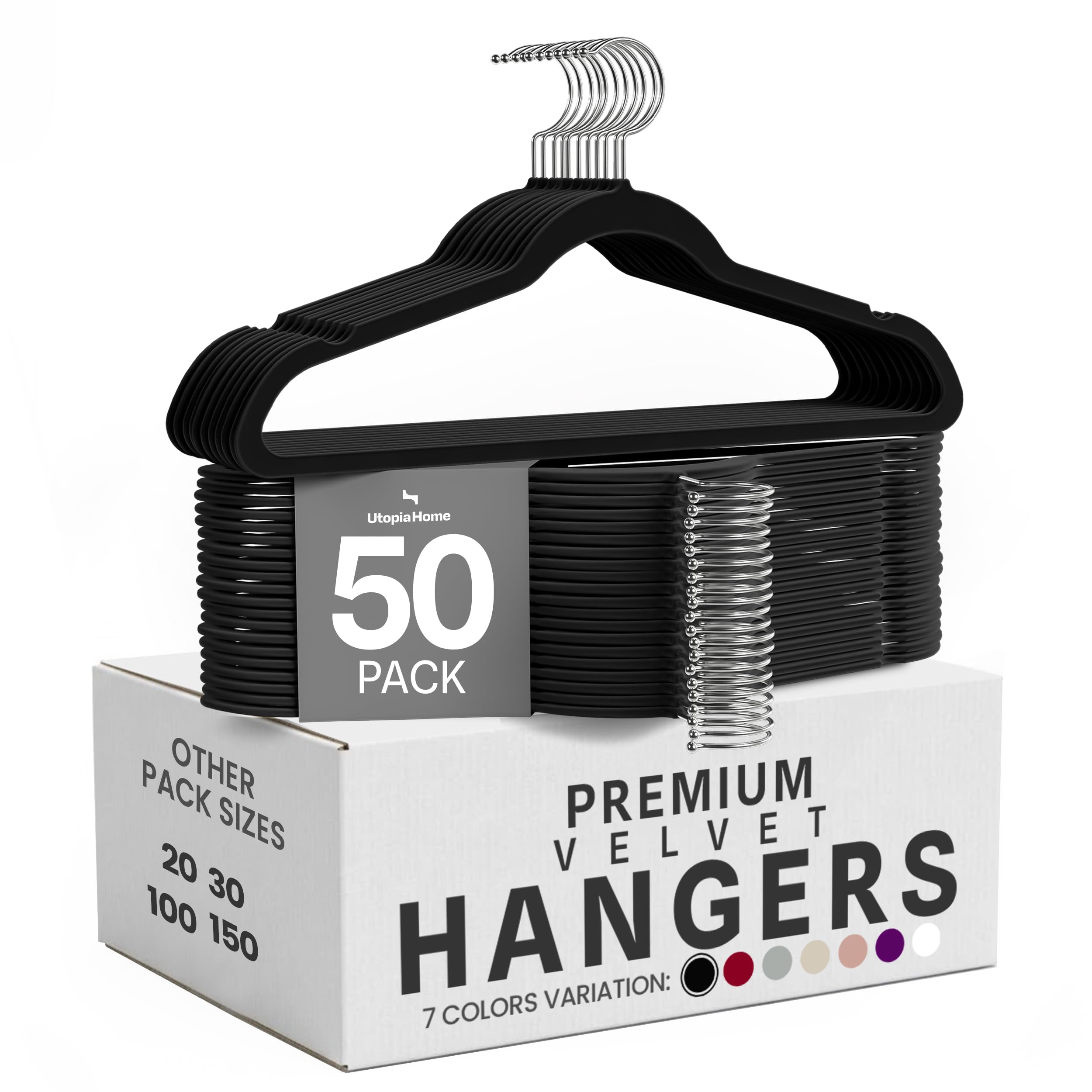 Utopia Home front view of 50-pack velvet hangers showing tidy closet benefit