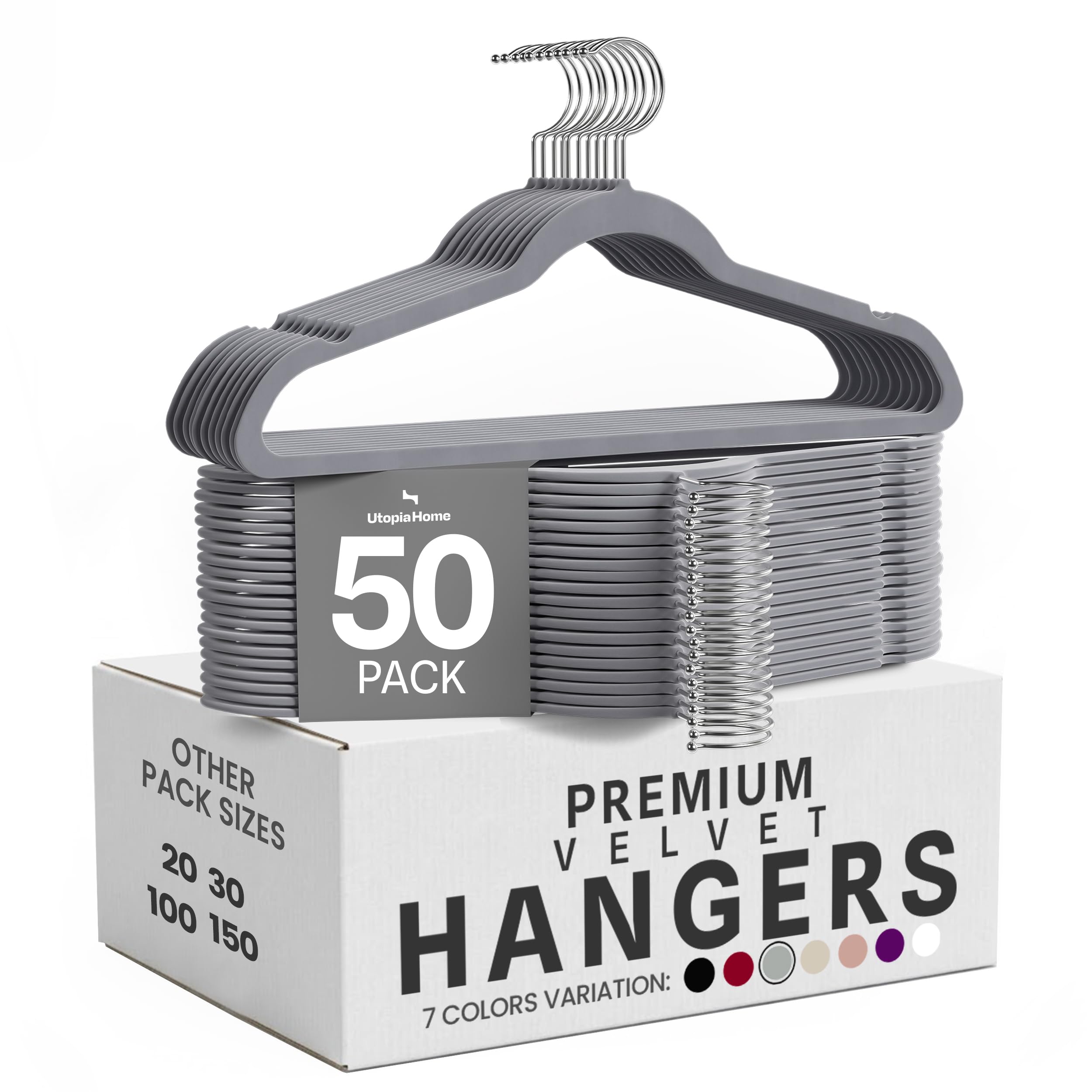 Utopia Home front pack of 50 grey velvet hangers shows organized solution
